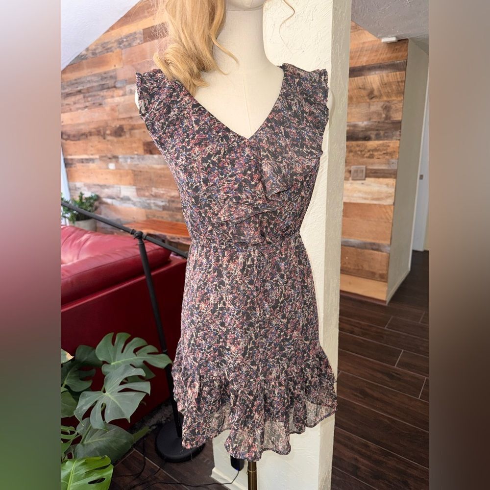 MYTH fully lined pastel gray muted pinks  Frilly ruffle girly dress Sz M